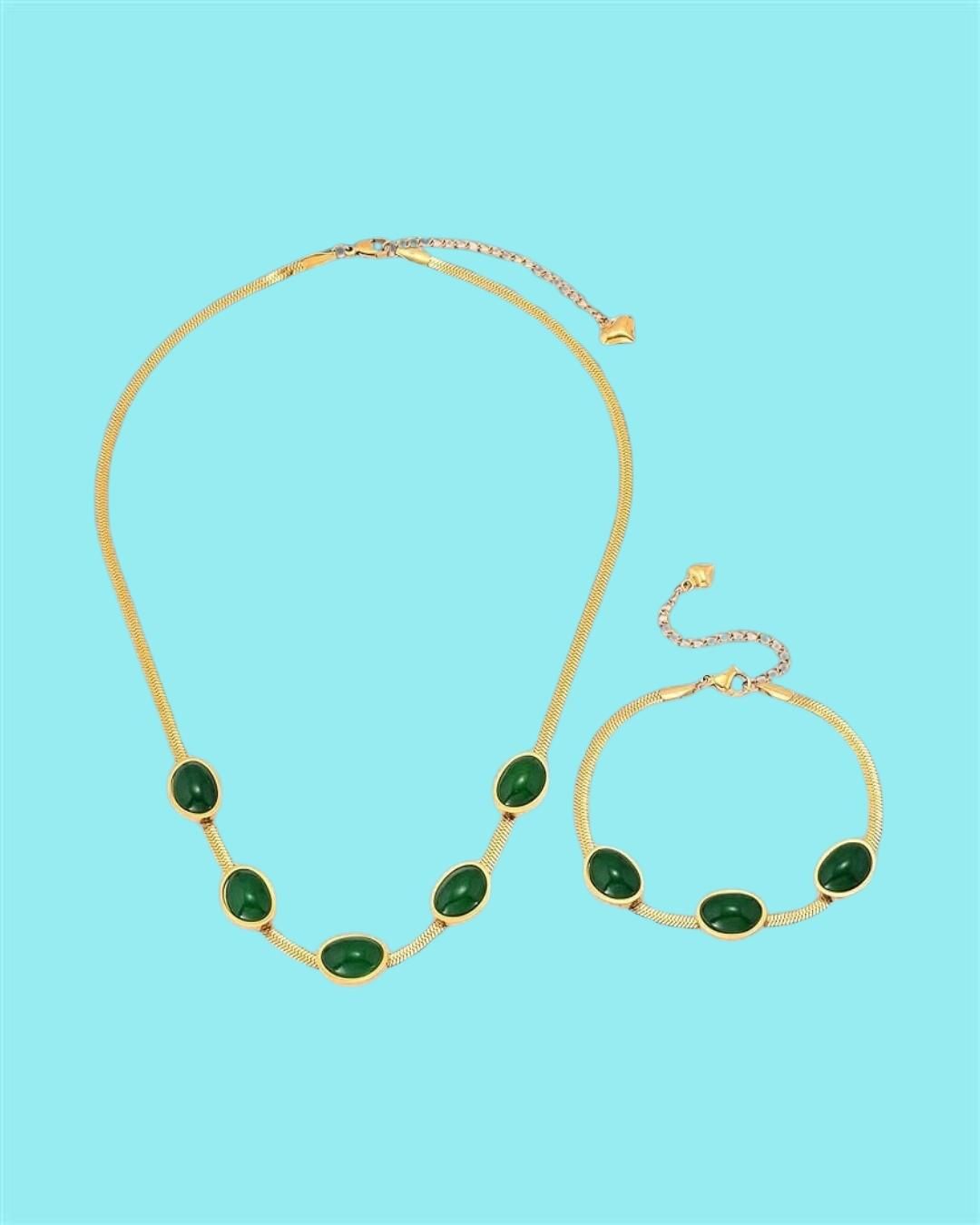 Oval Green Crystal Pendant Necklace Set With Bracelet - FreshShopStore