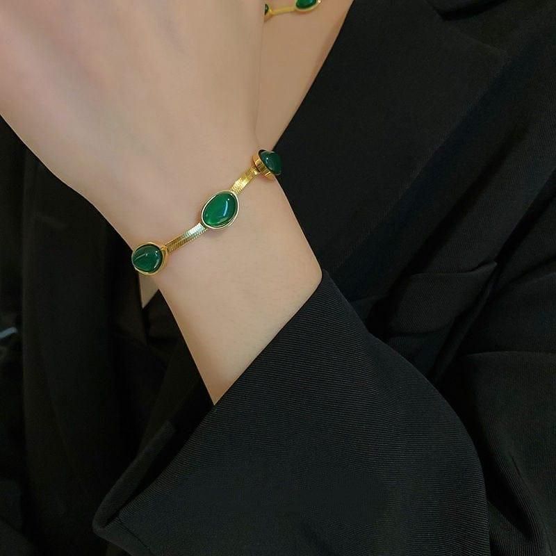 Oval Green Crystal Pendant Necklace Set With Bracelet - FreshShopStore
