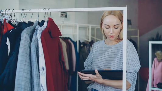 Woman reviews garments in clothing store.