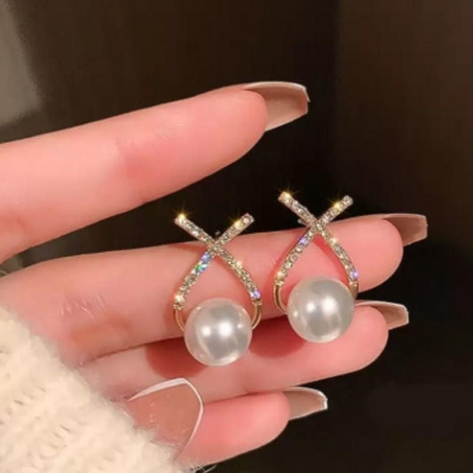 Korean Studded Cross Pearl Stud Earrings - FreshShopStore