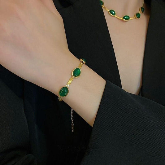 Oval Green Crystal Pendant Necklace Set With Bracelet - FreshShopStore